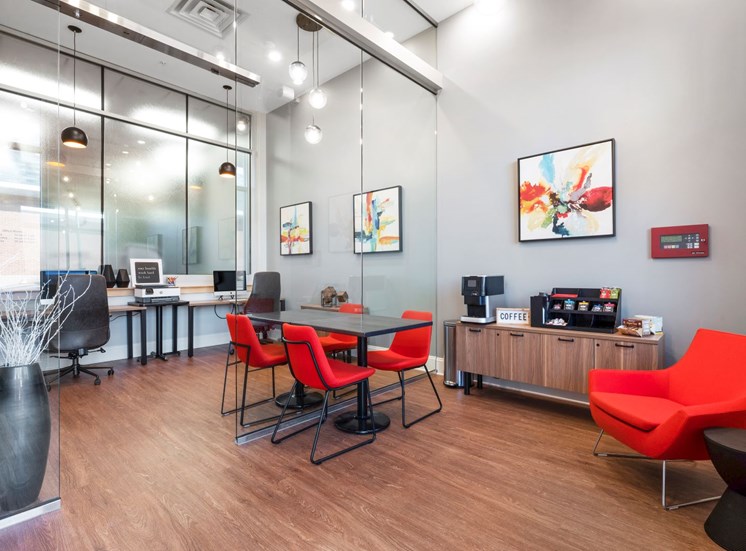 Lobby and resident workspaces at Market Street Flats rentals in West Chester, PA